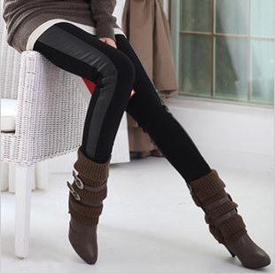 2013 spring faux leather patchwork cotton legging women's ankle length trousers pants thermal legging
