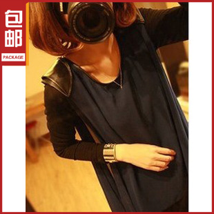 2013 spring faux two piece set leather patchwork shoulder pads knitted long-sleeve chiffon top basic shirt