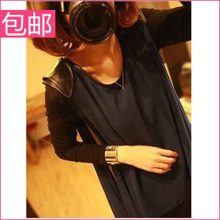 2013 spring faux two piece set leather patchwork shoulder pads knitted long-sleeve chiffon top basic shirt