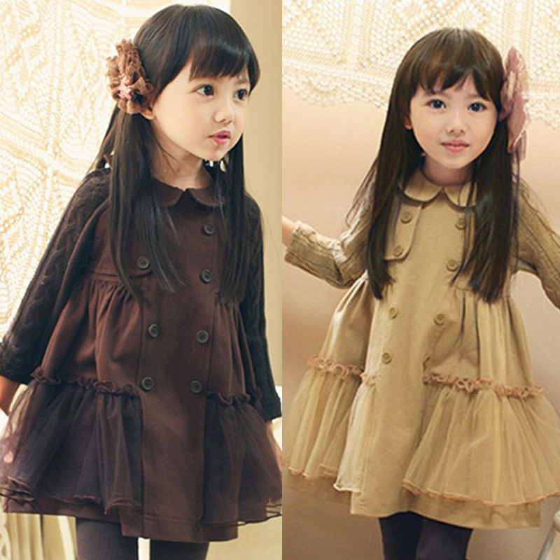 2013 spring female child double breasted yarn lace medium-long trench children's clothing outerwear
