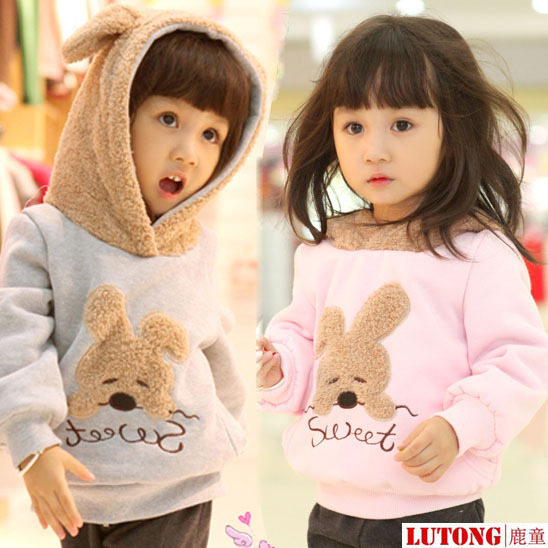 2013 spring female child outerwear rabbit sweatshirt fleece 100% cotton with a hood casual spring children's clothing