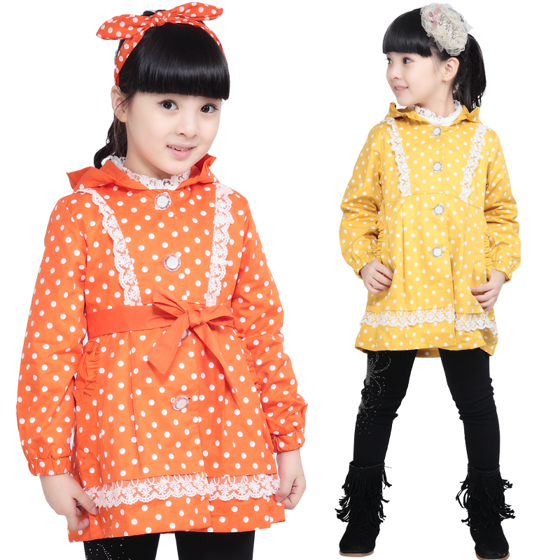 2013 spring female child polka dot laciness ultra long autumn laciness trench 7304