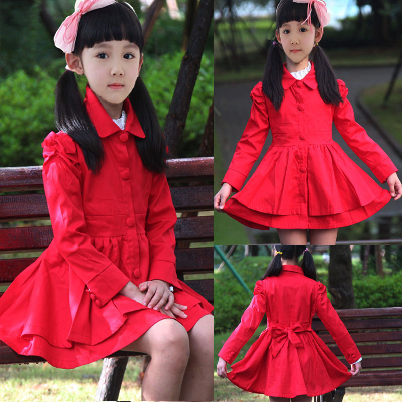 2013 spring female child sweet solid color puff sleeve trench design long outerwear