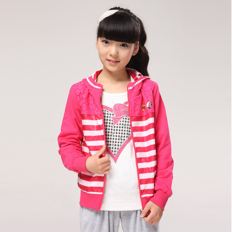 2013 spring female child with a hood long-sleeve outerwear girls stripe jacket 8 9 11 - - - 13 years old