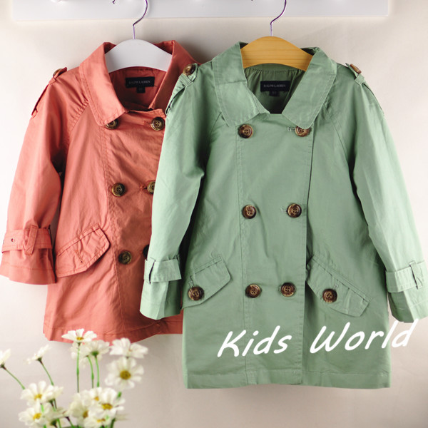 2013 spring female children's clothing british style double breasted 100% medium-long cotton small lapel trench