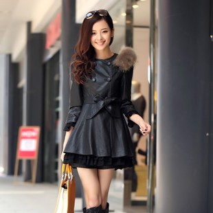 2013 Spring   female double breasted slim medium-long PU female thickening plus cotton water washed leather plus size trench