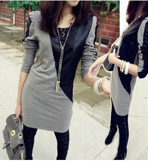 2013 spring female elegant all-match leather patchwork small long-sleeve dress