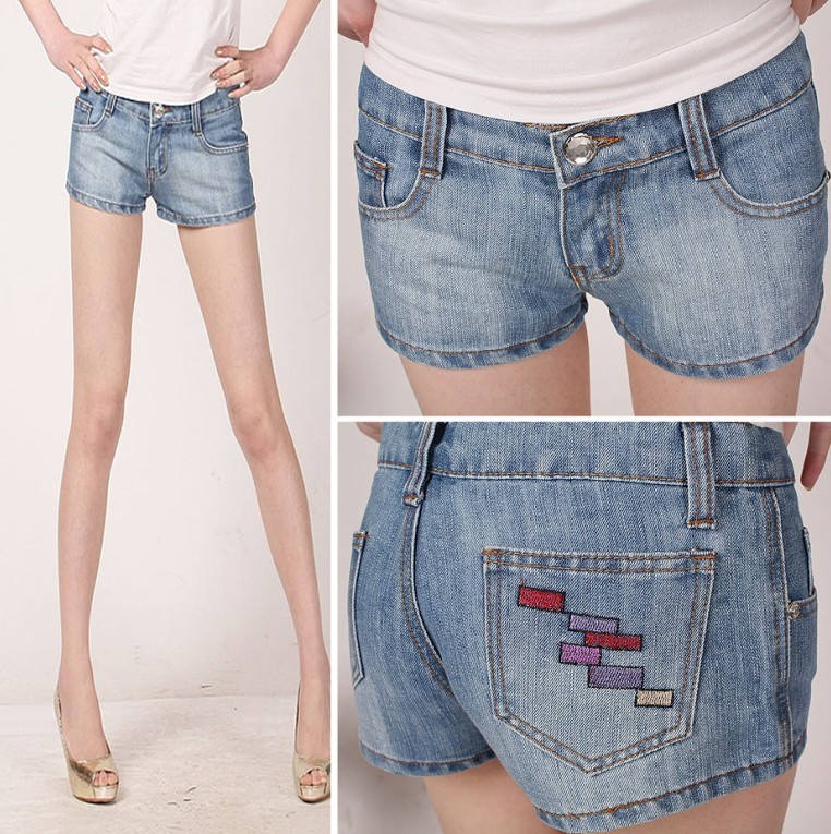 2013 spring female embroidery denim shorts plus size loose straight trousers hot