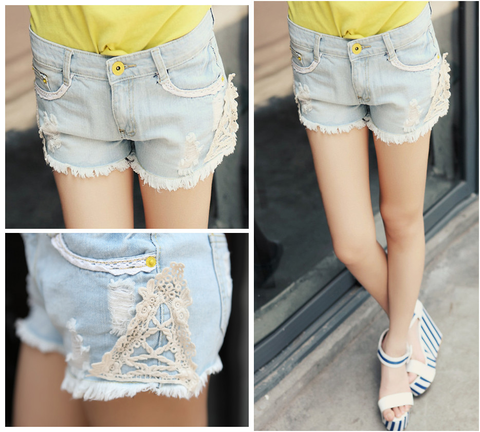 2013 spring female lace decoration denim shorts plus size loose straight trousers hot