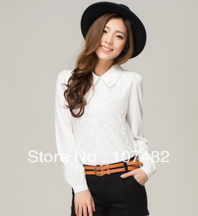 2013 Spring female peter pan collar color block lace patchwork basic chiffon shirt long-sleeve shirt