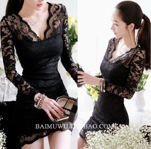 2013 spring female sexy low-cut slim hip lace long-sleeve basic one-piece dress slim