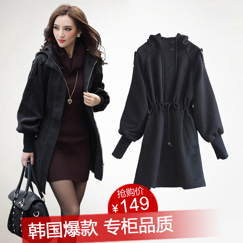 2013 spring female sheep cashmere with a hood drawstring thick wool coat outerwear trench female