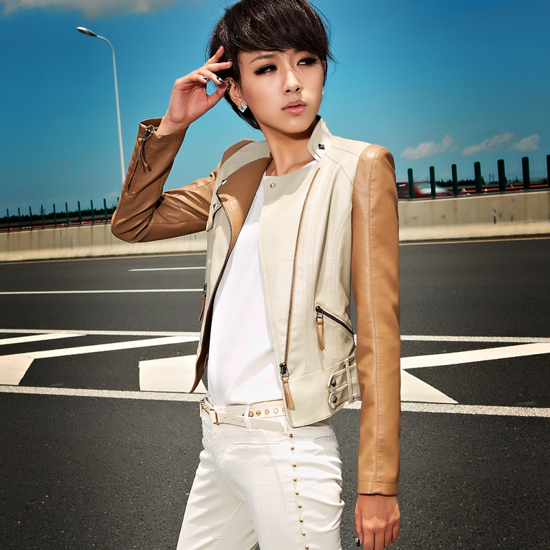 2013 spring female short design slim leather clothing fashion patchwork PU jacket short jacket 21g3671