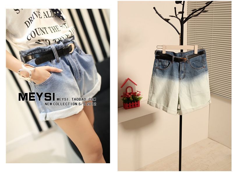 2013 spring female sty nda gradient loose roll-up hem high waist denim shorts harem pants