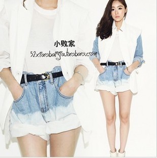 2013 spring female sty nda gradient loose roll-up hem high waist denim shorts harem pants