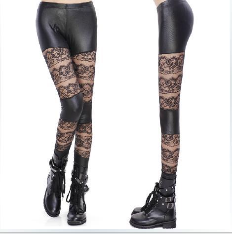 2013 spring fence patchwork sexy rose lace faux leather basic skinny pants