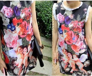 2013 spring flowers oil painting vintage lace decoration chiffon one-piece dress angle