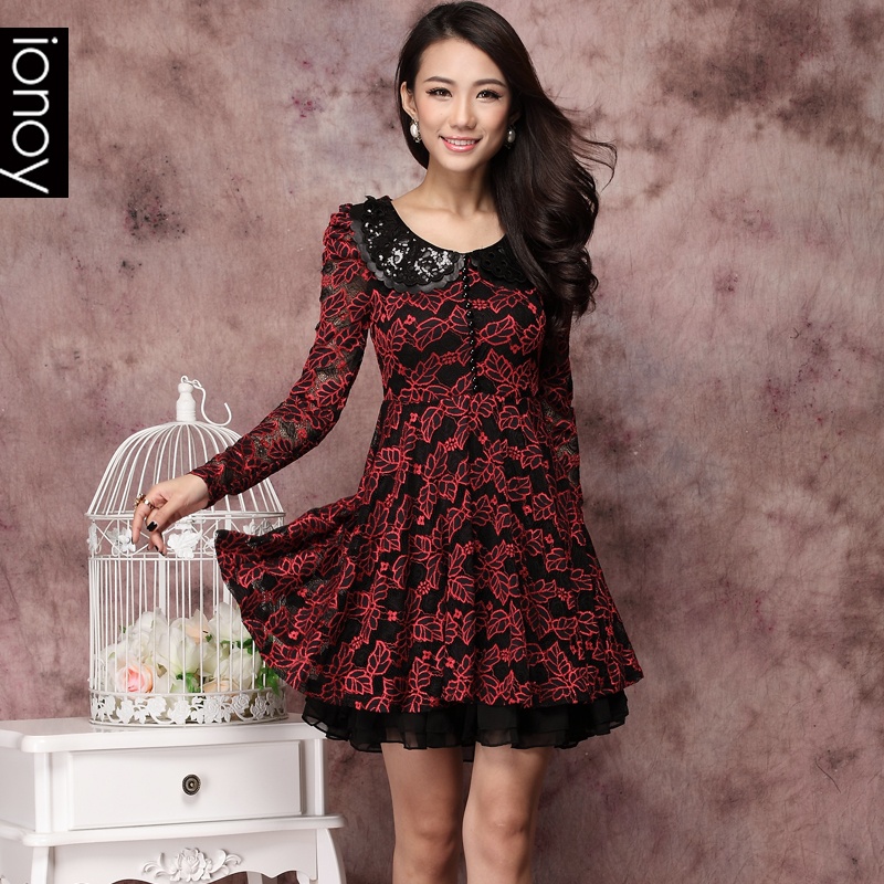 2013 spring formal women's embroidery paillette water washed leather long-sleeve lace spring and autumn one-piece dress spring