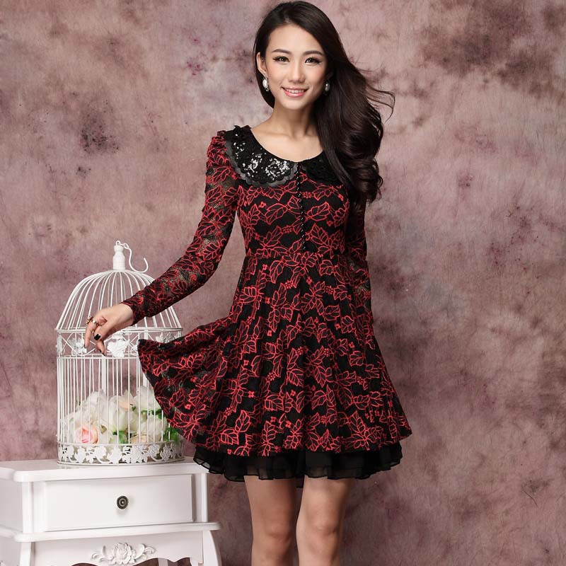 2013 spring formal women's embroidery paillette water washed leather long-sleeve lace spring and autumn one-piece dress spring