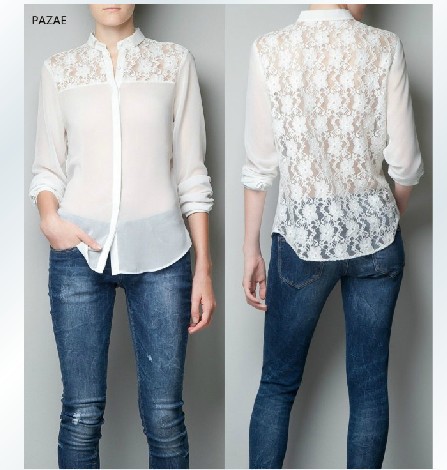2013 Spring Free Shipping Women Sexy Long Sleeve Perspective Lace Chiffon Shirt Blouse white&black color Hot Fashion