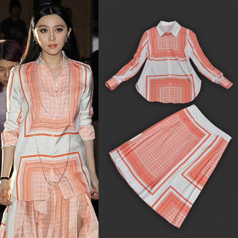 2013 spring fresh and elegant national trend geometry box fine plaid orange white set dress free ship