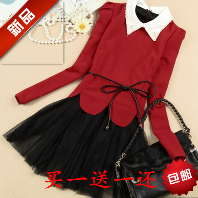 2013 spring gauze long-sleeve dress formal leather belt professional short skirt pearl