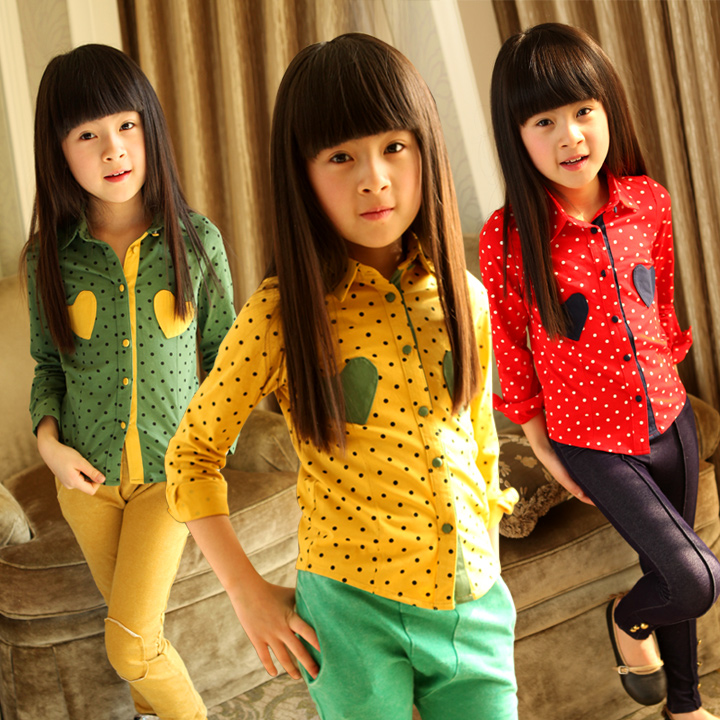 2013 spring girl's female children's clothing vintage polka dot turn-down collar candy color Blouse child shirt