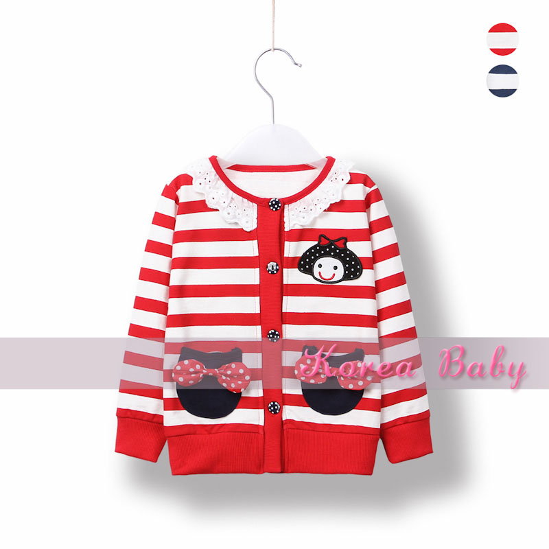 2013 spring girls clothing casual 100% cotton cardigan coat doll stripe bow 131087