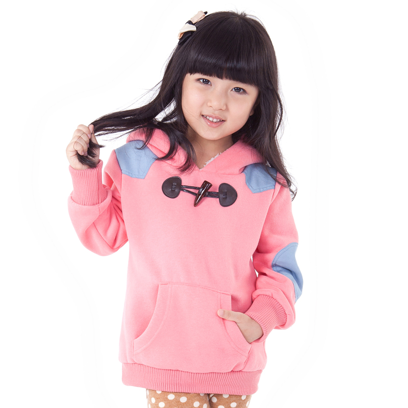 2013 spring girls clothing horn button denim applique decoration 100% cotton with a hood pullover sweatshirt f5030