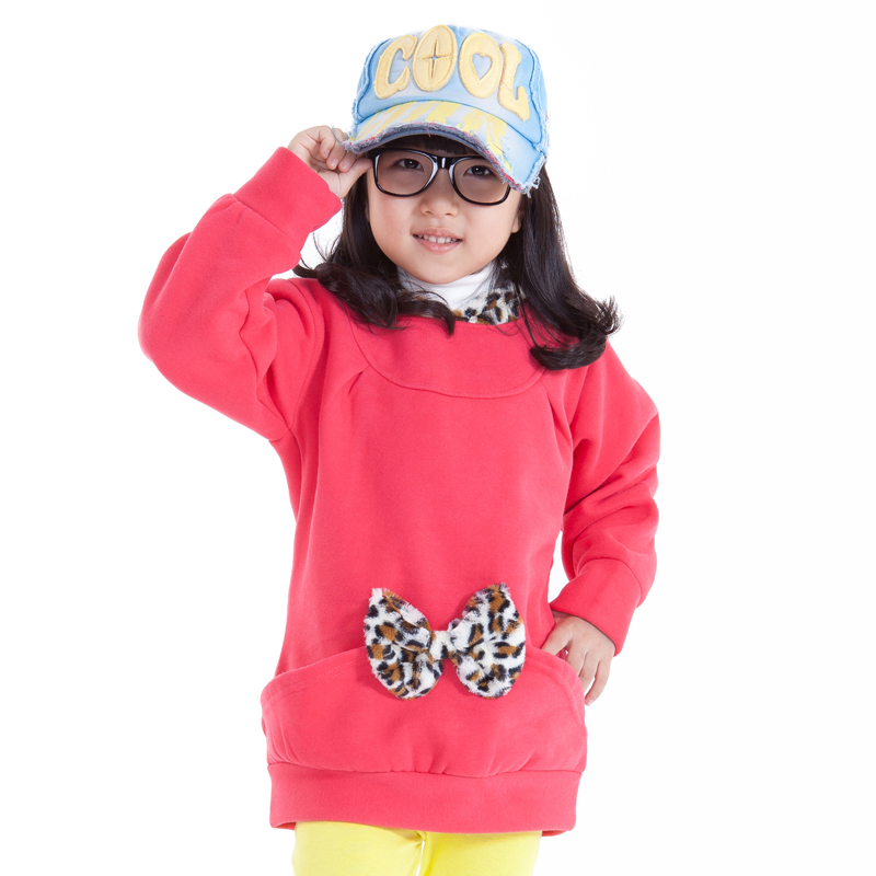 2013 spring girls clothing leopard print bow 100% cotton with a hood sweatshirt f5035