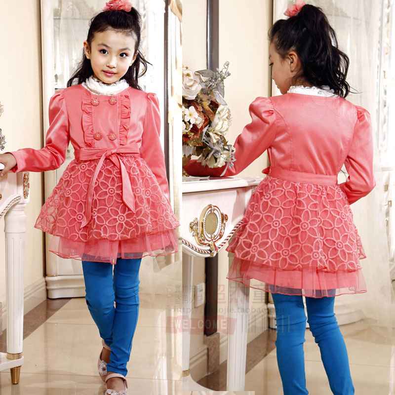 2013 spring girls clothing medium-long child trench female child outerwear two ways skirt