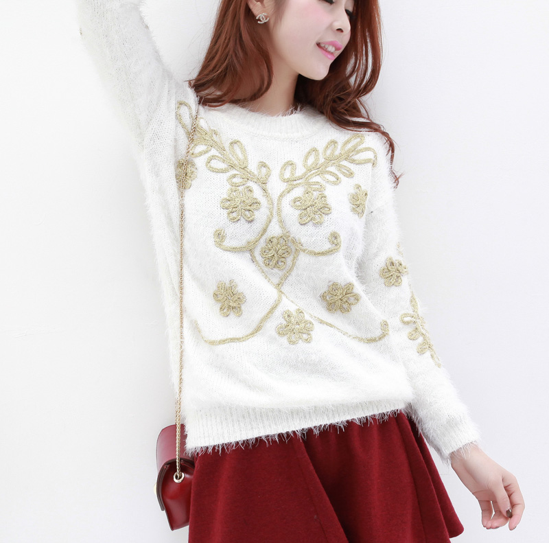 2013 spring gold flower loose long-sleeve knitted mohair sweater basic shirt ad331