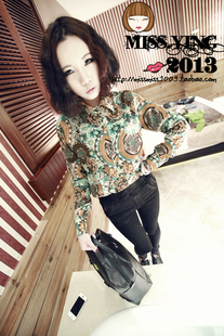 2013 spring green fashion flower shirt vintage fashion flower shirt