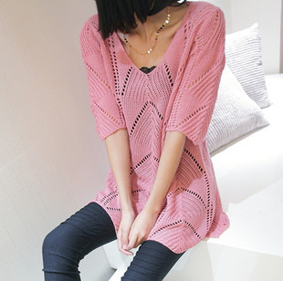 2013 spring half sleeve medium-long V-neck cutout all-match loose sweater breathable women's