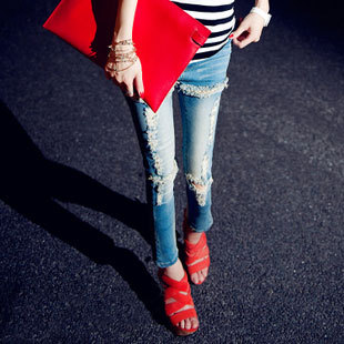 2013 spring handsome female hole lace personalized jeans ankle hemming length trousers