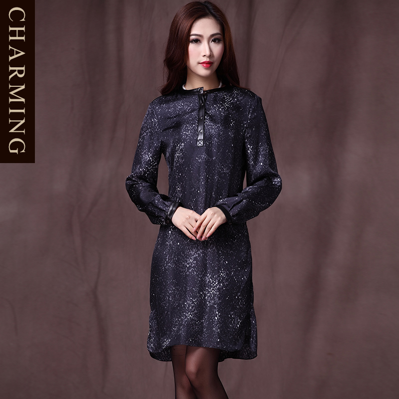 2013 spring high quality dark blue print leopard print leather mosaic mulberry silk loose one-piece dress