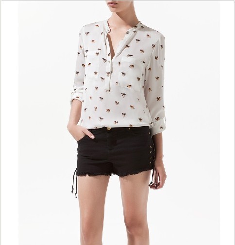 2013 spring high quality Europe style chiffon  women 's blouses   V-neck  collar print casual  shirt  fashion free shipping