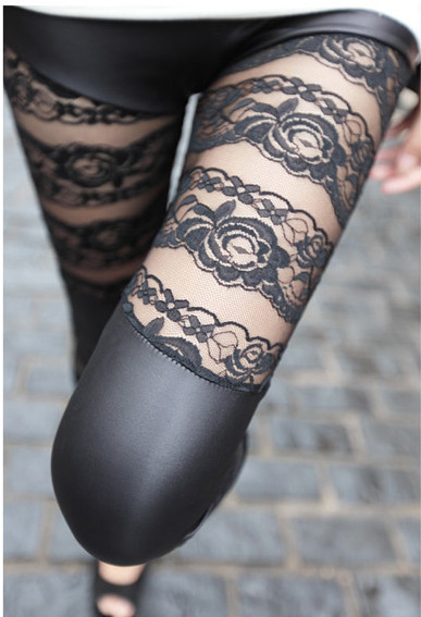 2013 spring high quality lace rose faux leather pants horizontal stripe double patchwork female legging