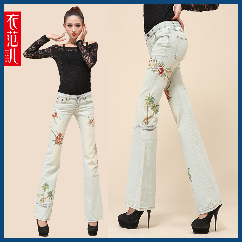2013 spring high quality slim national trend embroidery embroidered bell-bottom jeans female boot cut trousers light color