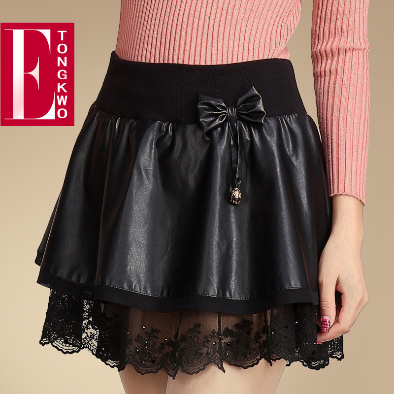 2013 spring high waist basic faux leather short skirt female plus size lace pleated slim hip skirt