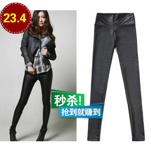 2013  spring high waist black dull faux leather slim  dolphin leather  Women legging