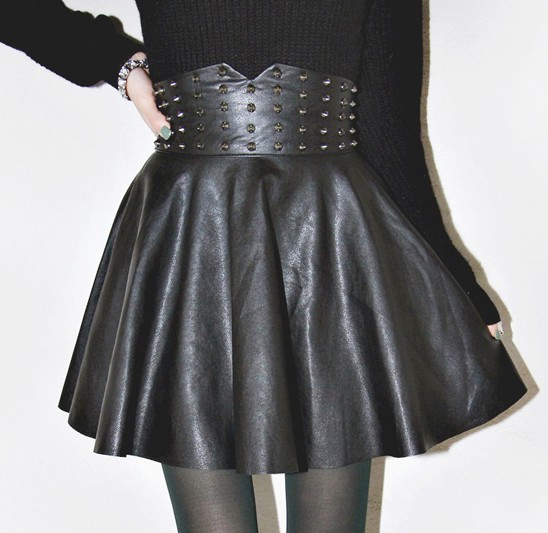 2013 spring high waist rivet leather ruffle bust skirt short skirt female