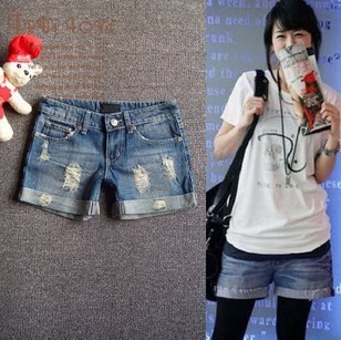 2013 spring hole roll-up hem vintage loose plus size denim shorts female