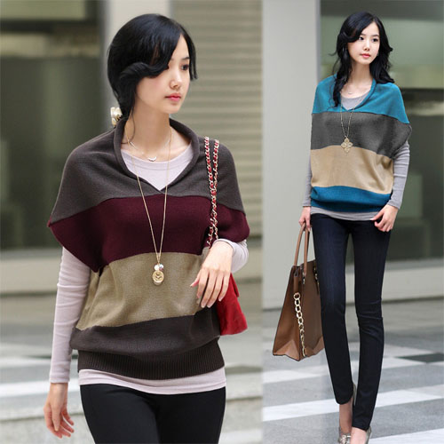 2013 spring hot popular batwing sleeve wool knitted shirt female top color block decoration V-neck sweater