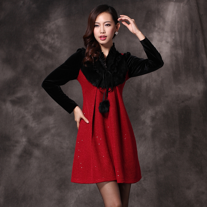 2013 spring hot-selling leather cape hare wool velvet long-sleeve slim one-piece dress