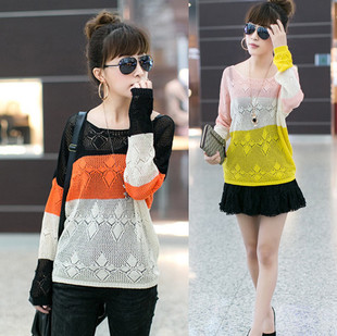 2013 spring jacquard cutout slit neckline color block stripe sweater female