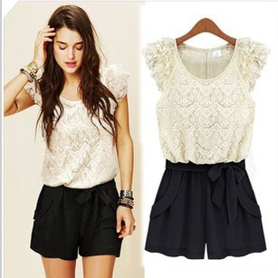 2013 spring jumpsuit puff sleeve lace cutout patchwork color  dress hot sale