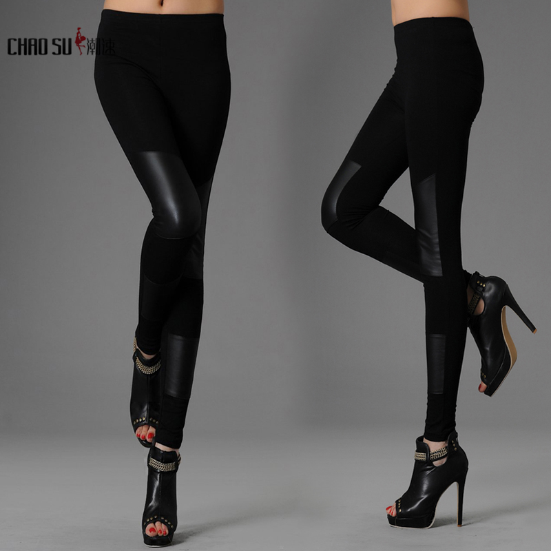 2013 spring knee faux leather patchwork 100% women's legging cotton ankle length trousers plus size available