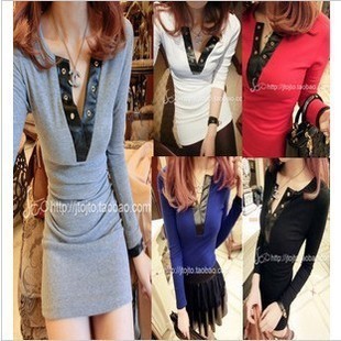 2013 spring knitted cotton faux leather patchwork V-neck medium-long solid color basic t-shirt