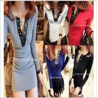 2013 spring knitted cotton faux leather patchwork V-neck medium-long solid color basic t-shirt